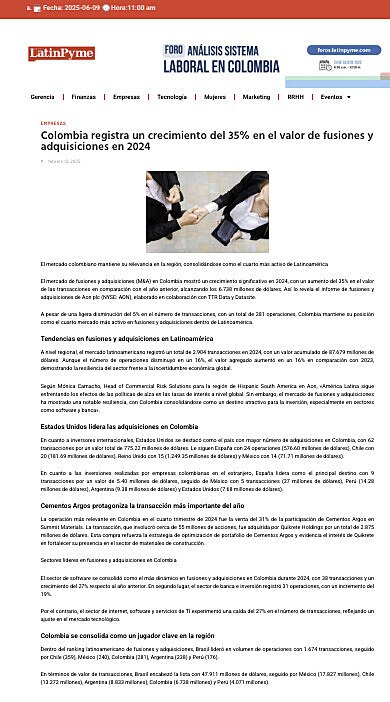 Colombia registra un crecimiento del 35% en el valor de fusiones y adquisiciones en 2024